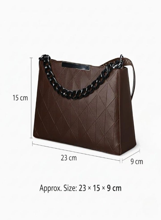 VTFlair Women's Girl's Quilted Shoulder Handbag with Chain Detail Synthetic Leather, 23 x 15 x 9 cm, Multi-Compartment Zip Closure (Brown Color) - Image 4