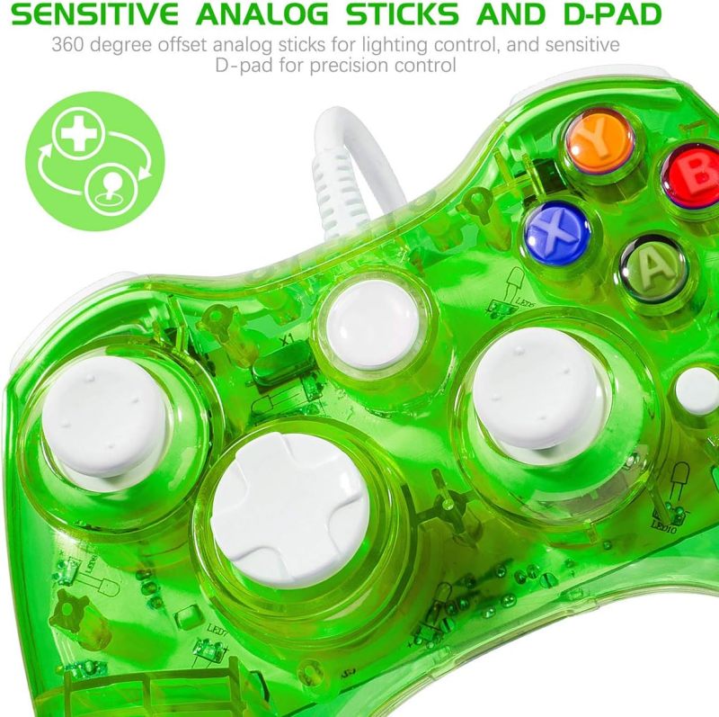 جهاز تحكم ألعاب سلكي Xbox360: لون أخضر، اتصال سلكي بطولتين مترًا، توافق التشغيل الفوري بمجرد الشحن - ردود فعل اهتزاز محركي مزدوج، تصميم مؤهل للجسد لجلسات اللعب على وحدة Xbox360 وكمبيوتر ويندوز - Image 4