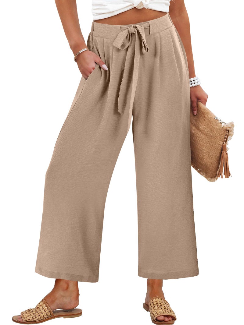 Caracilia Womens Wide Leg Palazzo Pants Cropped High Waisted 2026 Summer Casual Loose Lounge Flowy Travel Work Trousers Yellow Khaki Medium - Image 1
