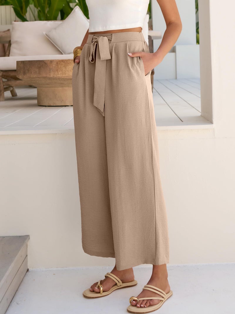Caracilia Womens Wide Leg Palazzo Pants Cropped High Waisted 2026 Summer Casual Loose Lounge Flowy Travel Work Trousers Yellow Khaki Medium - Image 3
