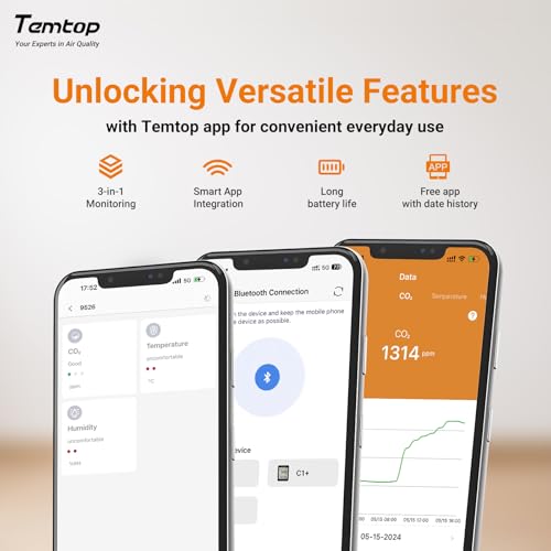 Temtop CO2 Monitor Indoor Air Quality Monitor with BLE App Connectivity, Portable CO2 Meter, CO2, Temperature, Humidity for Home, Office, or School - Image 4