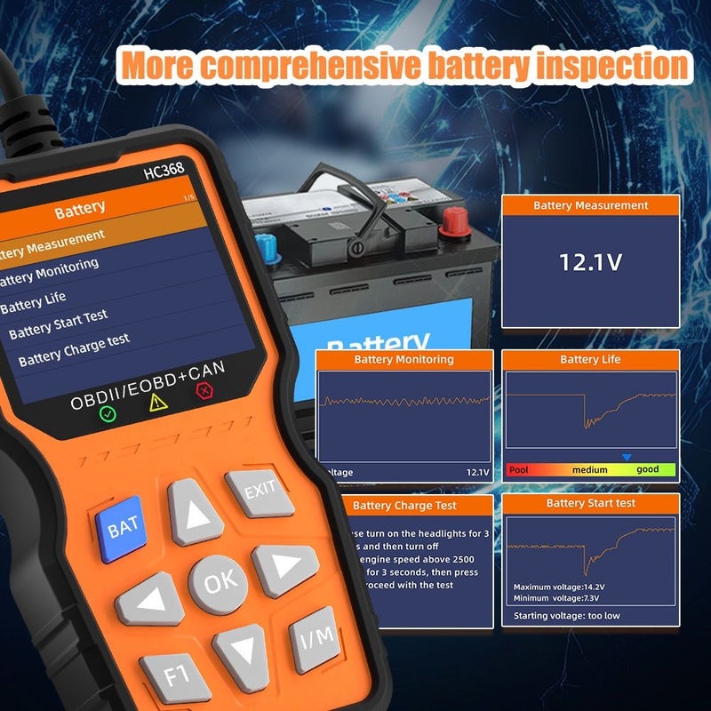 Car Scanner OBD2 Code Reader Vehicle Diagnostic Tool HC368 Red Pro For Engine Fault Clearing Data Reading Battery Diagnostics Two In One Testing Device Checking Stream IM Readiness Status Universal Car Diagnostic Instrument - Image 2
