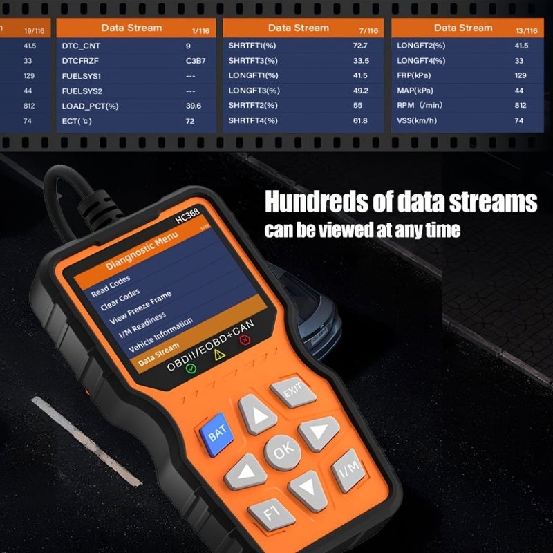 Car Scanner OBD2 Code Reader Vehicle Diagnostic Tool HC368 Red Pro For Engine Fault Clearing Data Reading Battery Diagnostics Two In One Testing Device Checking Stream IM Readiness Status Universal Car Diagnostic Instrument - Image 3