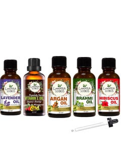 Luxura Sciences Organic Essential Oil Combo Pack Of 5 Oils ;Daily Scalp Health Essential Oil Kit 5 * 15Ml (Hibiscus Oil; Brahmi Oil; Argan Oil; Lavender Oil; Vitamin E Oil)  - Image 1