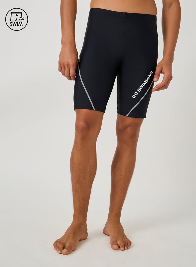Styli Text Print Skinny Fit Swim Tights with Piping - Image 1