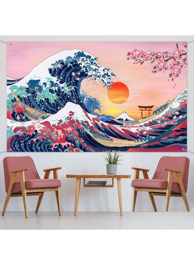Sumind تجسيد موج المحيط خلفية كاناغاوا اليابانية تجسيد الموجة العظيمة خلفية أزهار الكرز طبيعة غروب الشمس لافتة معلقة للديكورات المنزلية اليابانية، 72.8 × 43.3 بوصة - Image 5