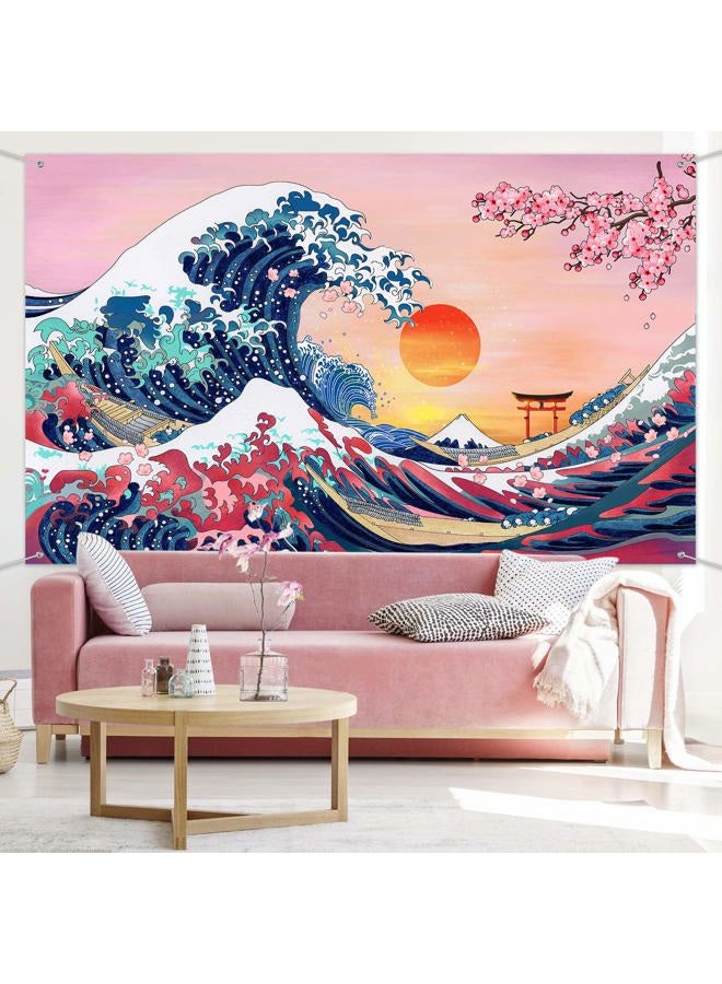 Sumind تجسيد موج المحيط خلفية كاناغاوا اليابانية تجسيد الموجة العظيمة خلفية أزهار الكرز طبيعة غروب الشمس لافتة معلقة للديكورات المنزلية اليابانية، 72.8 × 43.3 بوصة - Image 4