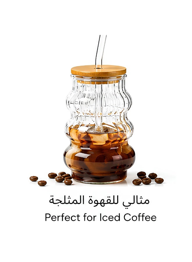 كوب زجاجي بغطاء خيزران وشفاطة زجاجية، كوب قهوة مثلجة للعصير والشاي والسموثي - Image 1