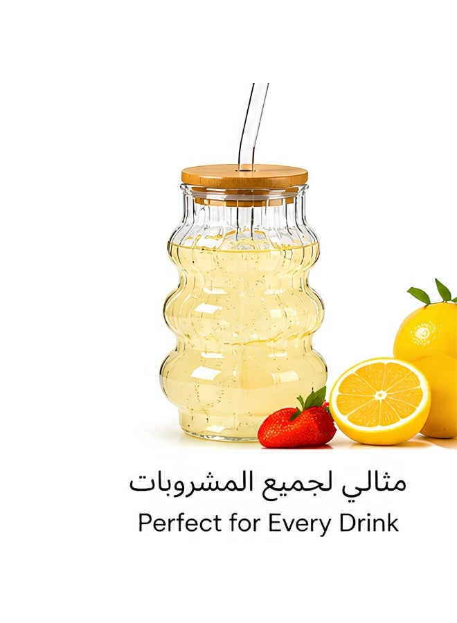 كوب زجاجي بغطاء خيزران وشفاطة زجاجية، كوب قهوة مثلجة للعصير والشاي والسموثي - Image 2