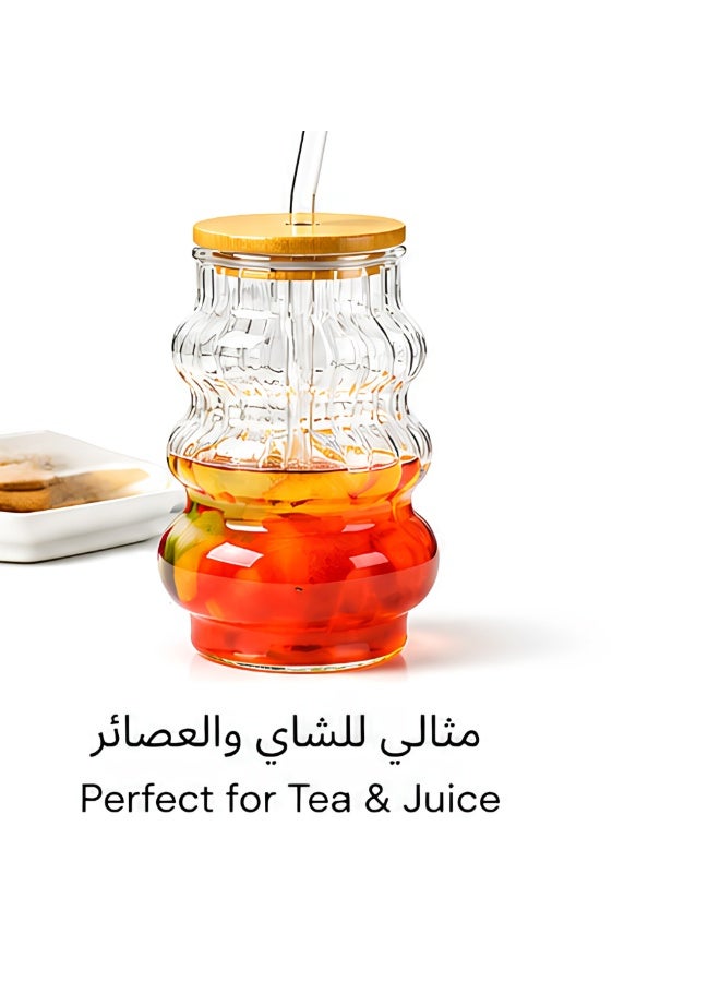 كوب زجاجي بغطاء خيزران وشفاطة زجاجية، كوب قهوة مثلجة للعصير والشاي والسموثي - Image 3