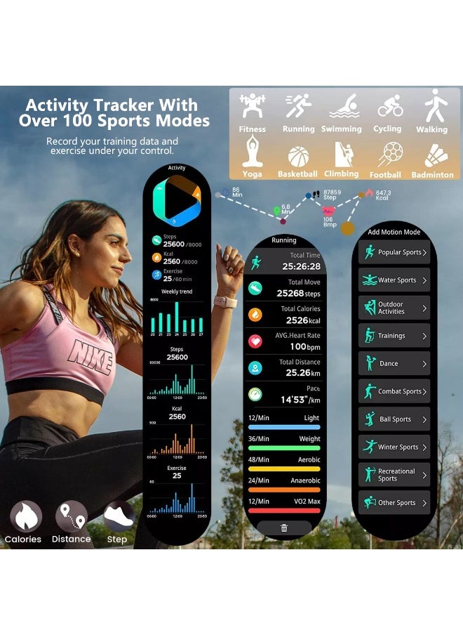 ibsun 1.1'' AMOLED Smart Watch for Women, IP68 Waterproof Heart Rate Monitor Oxygen Tracking, Comes with a Gold Metal Strap and a Pink Silicone Strap  - Image 5