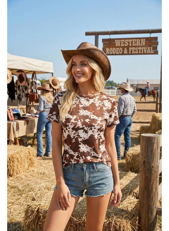 Shein Womens Summer Tops Short Sleeve T-Shirts Western Graphic Crew Neck Casual Cute Tees 2026 Clothes, A Brown, S - Image 5
