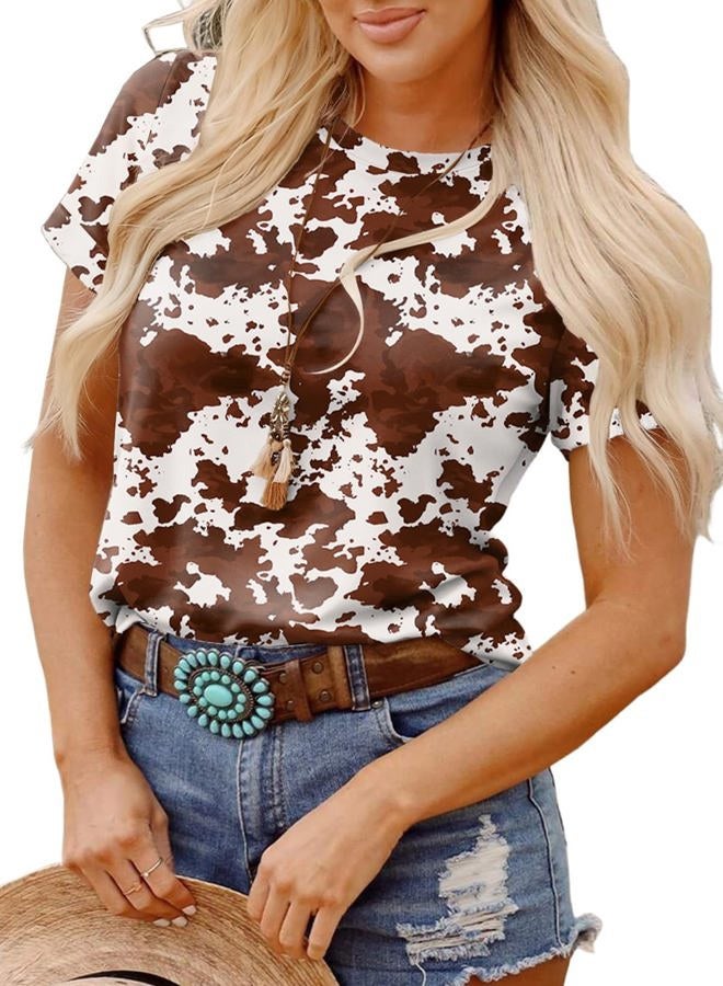 Shein Womens Summer Tops Short Sleeve T-Shirts Western Graphic Crew Neck Casual Cute Tees 2026 Clothes, A Brown, S - Image 1