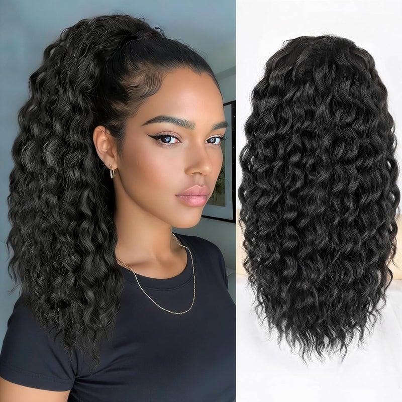 HZYH 18-Inch Curly Drawstring Ponytail Extension, Natural Black Curly Clip-in  Hairpiece - Image 1