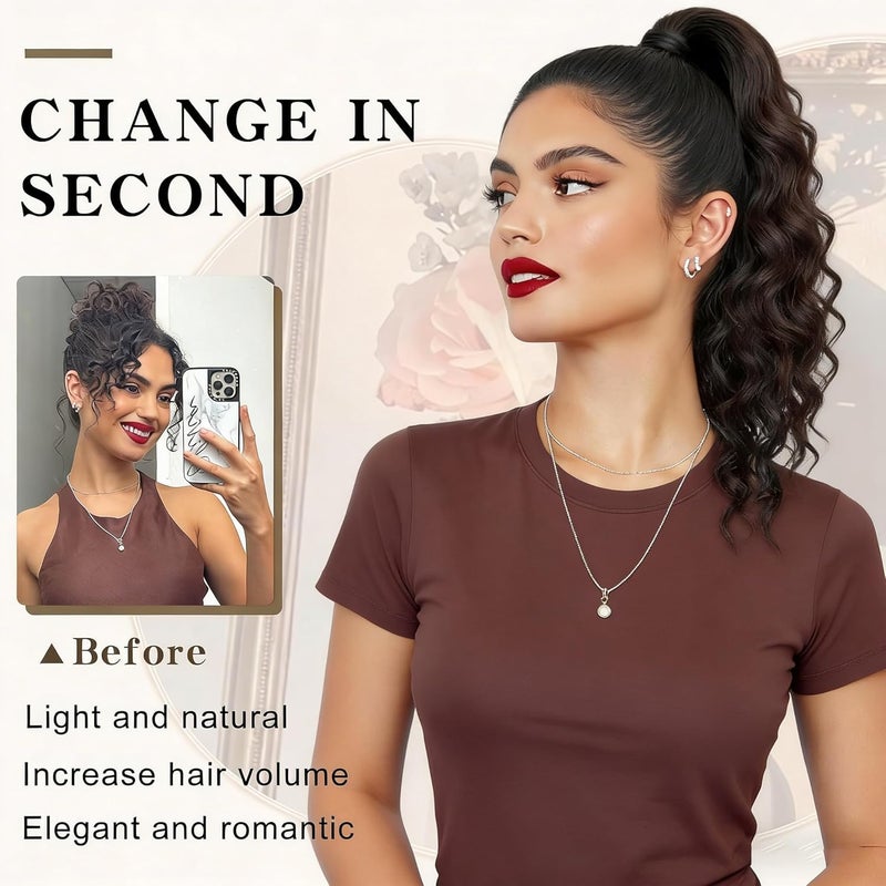 HZYH 18-Inch Curly Drawstring Ponytail Extension, Natural Black Curly Clip-in  Hairpiece - Image 3
