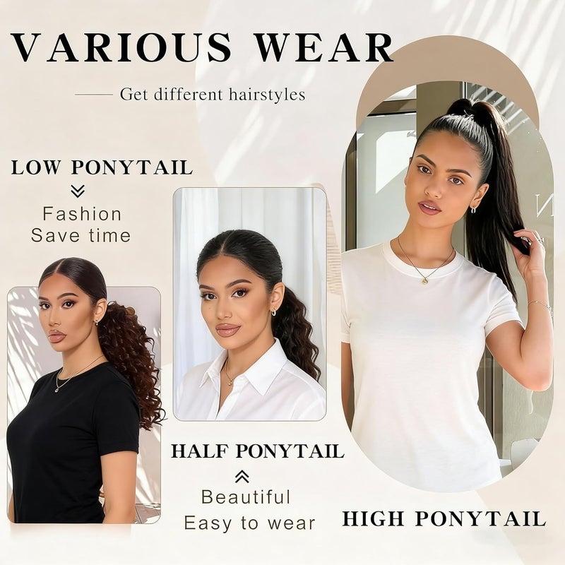 HZYH 18-Inch Curly Drawstring Ponytail Extension, Natural Black Curly Clip-in  Hairpiece - Image 2