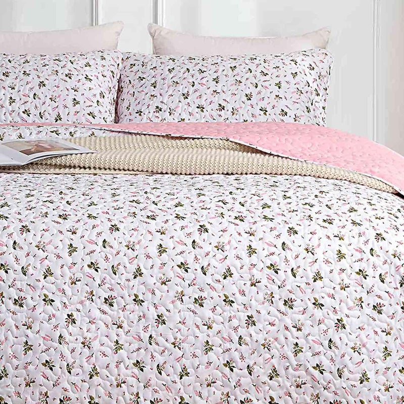 Nanko Quilt Set Queen Full Size 3 Pcs, White and Pink Floral Green Flower Pattern Bedspreads, Soft Lightweight Coverlet Bed Spreads, Farmhouse Thin Quilted Comforter Bedding Sets for Women Men 90x90 - Image 2
