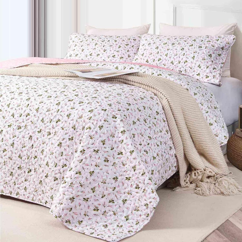 Nanko Quilt Set Queen Full Size 3 Pcs, White and Pink Floral Green Flower Pattern Bedspreads, Soft Lightweight Coverlet Bed Spreads, Farmhouse Thin Quilted Comforter Bedding Sets for Women Men 90x90 - Image 1