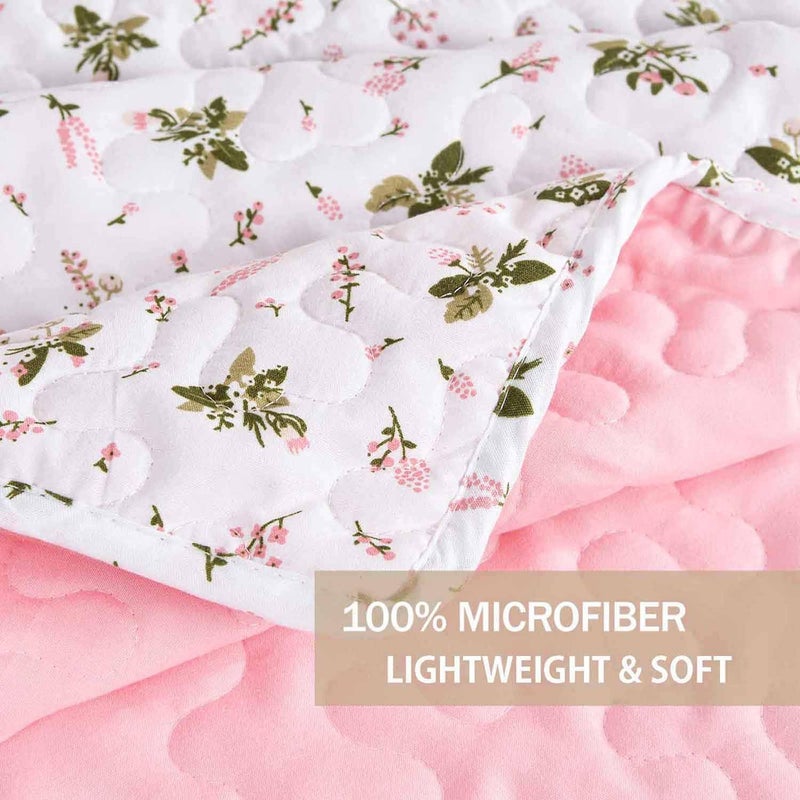 Nanko Quilt Set Queen Full Size 3 Pcs, White and Pink Floral Green Flower Pattern Bedspreads, Soft Lightweight Coverlet Bed Spreads, Farmhouse Thin Quilted Comforter Bedding Sets for Women Men 90x90 - Image 5