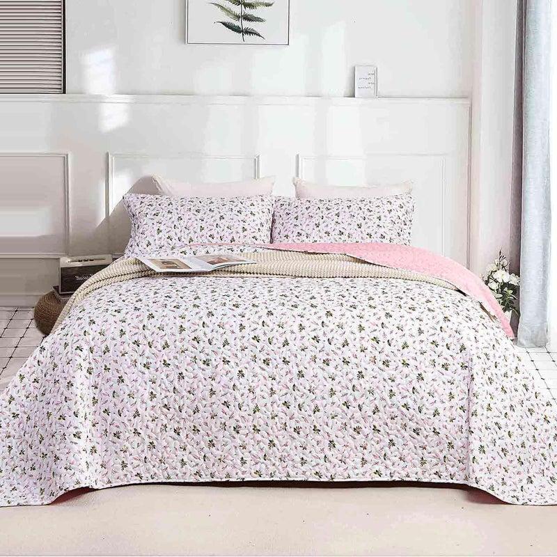 Nanko Quilt Set Queen Full Size 3 Pcs, White and Pink Floral Green Flower Pattern Bedspreads, Soft Lightweight Coverlet Bed Spreads, Farmhouse Thin Quilted Comforter Bedding Sets for Women Men 90x90 - Image 4