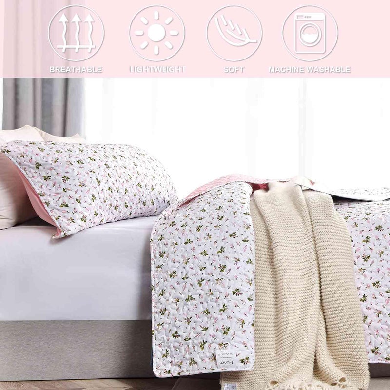 Nanko Quilt Set Queen Full Size 3 Pcs, White and Pink Floral Green Flower Pattern Bedspreads, Soft Lightweight Coverlet Bed Spreads, Farmhouse Thin Quilted Comforter Bedding Sets for Women Men 90x90 - Image 3