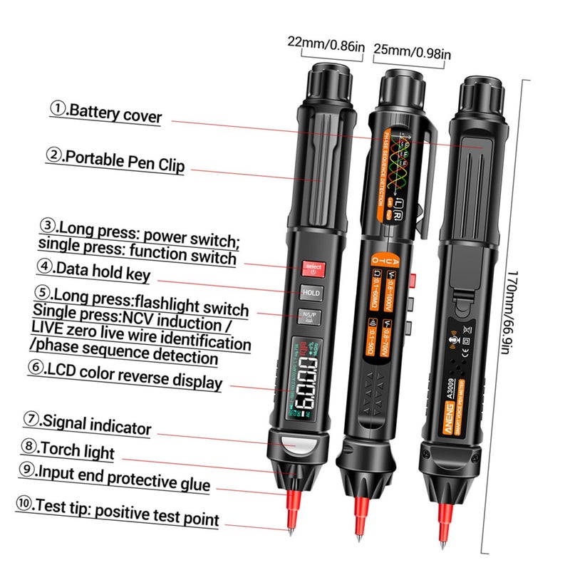 Uonlytech Smart A3009 Electric Tester Pen Multimeter with Voice Broadcast, Voltage Detector and Resistance Tester for Household Electrical Testing, Pen-Type Digital Multimeter Without - Image 3