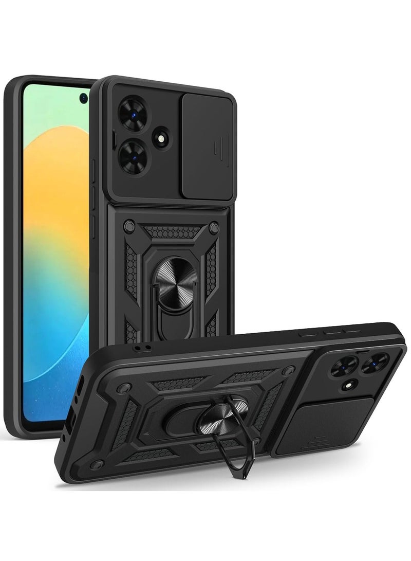 SanHu for Infinix Smart 10 4G/ Tecno Spark Go 2 4G Case Cover, Slide Camera Lens Cover, Magnetic Ring Holder Kickstand Protective Phone Case for Infinix Smart 10 4G, Black