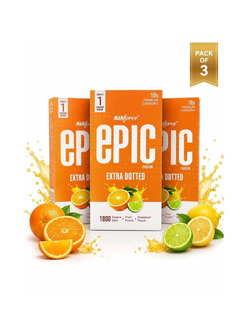Mankind Manforce Epic Passion Fruit Punch Flavoured Condoms for Men | Pack of 3 |  Ultra Thin Extra Dotted Lubricated Latex Condoms for Intense Pleasure & Safe Protection |  Premium Flavoured Condom Pack (10 Pieces) Bundle - Image 1