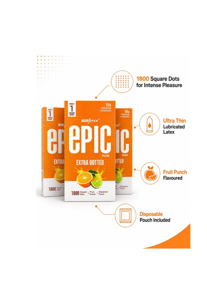 Mankind Manforce Epic Passion Fruit Punch Flavoured Condoms for Men | Pack of 3 |  Ultra Thin Extra Dotted Lubricated Latex Condoms for Intense Pleasure & Safe Protection |  Premium Flavoured Condom Pack (10 Pieces) Bundle - Image 2