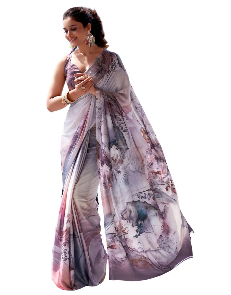 SIRIL Women's Satin Digital Printed Saree With Unstitched Blouse Piece (3503S741_Lavender) - Image 1