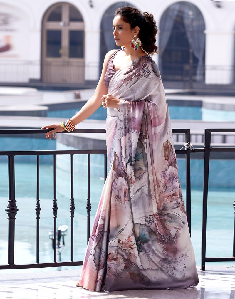 SIRIL Women's Satin Digital Printed Saree With Unstitched Blouse Piece (3503S741_Lavender) - Image 2