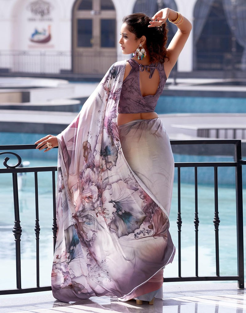 SIRIL Women's Satin Digital Printed Saree With Unstitched Blouse Piece (3503S741_Lavender) - Image 3