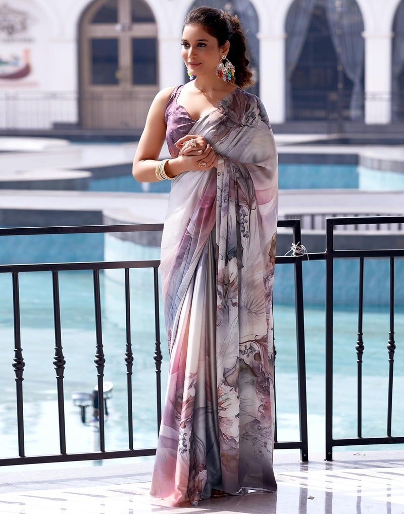 SIRIL Women's Satin Digital Printed Saree With Unstitched Blouse Piece (3503S741_Lavender) - Image 4