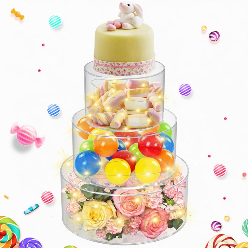 SAMYUCHO 3 Pcs Acrylic Cake Stand 6 Dx4 H 8 Dx4 H 10 Dx4 H with Led Lights for Party Wedding Cake Stand Tier Clear Cake Cupcake Display Centerpiece Floating Cup Cake Supports Stands for Stacking - Image 2