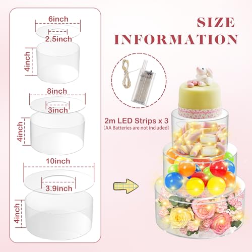 SAMYUCHO 3 Pcs Acrylic Cake Stand 6 Dx4 H 8 Dx4 H 10 Dx4 H with Led Lights for Party Wedding Cake Stand Tier Clear Cake Cupcake Display Centerpiece Floating Cup Cake Supports Stands for Stacking - Image 3