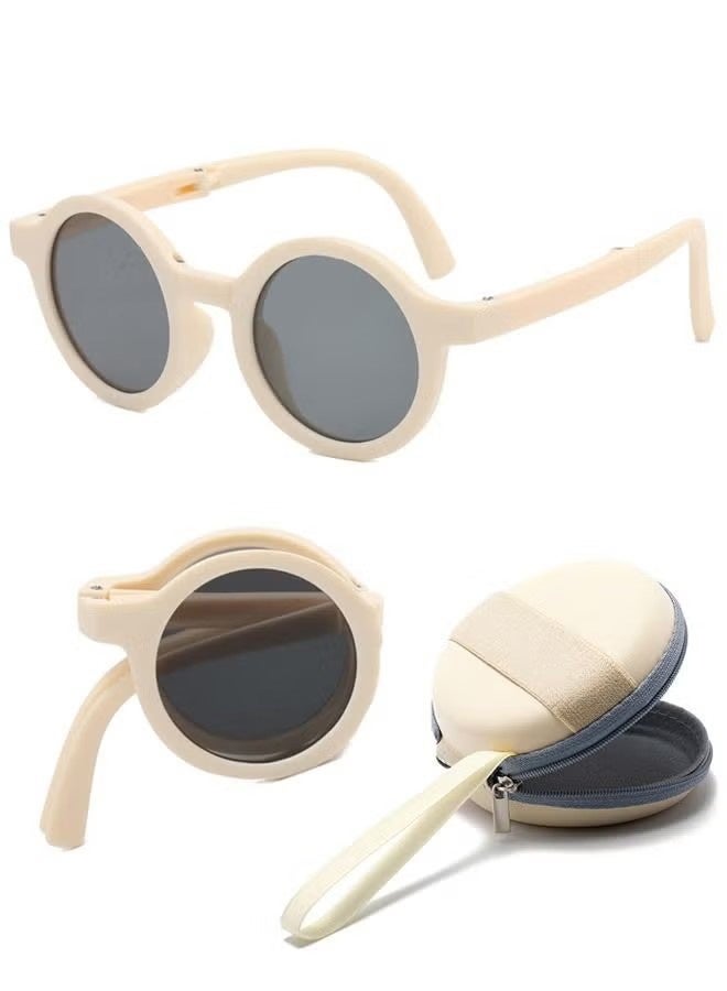 YJ Foldable Sunglasses With Bag For Kids, Round Folding Easy Carry Foldable Shades UV400 Protection Lens, Sun Protection Sunglasses Suitable for Summer Outdoor Beach Travel Camping - Beige - Image 1