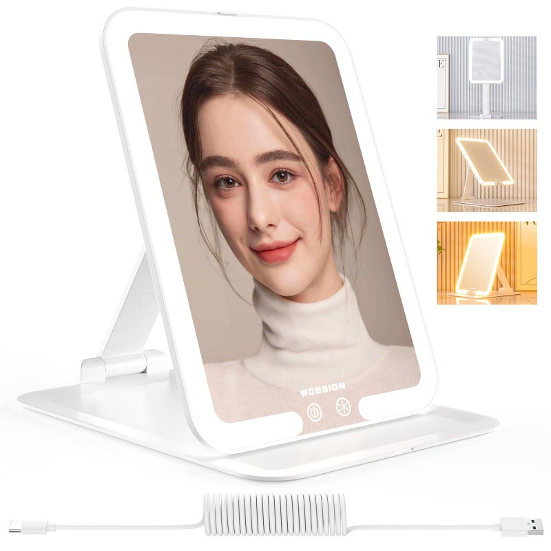 WOBSION Travel Makeup Mirror Rechargeable for Handbag Light up Mirrors with 3 Colors Modes for Desk Folding Mirror with Adjustable Stand Gifts for Girls White