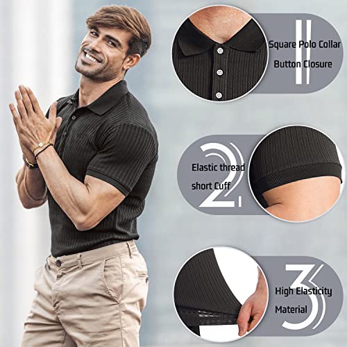 CANGHPGIN Collared Muscle Polo Shirts Men Slim Fit Textured Knit Polo Shirts Short Sleeve Button Down Shirts Casual Stylish Black - Image 2