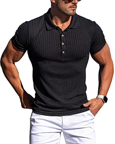 CANGHPGIN Collared Muscle Polo Shirts Men Slim Fit Textured Knit Polo Shirts Short Sleeve Button Down Shirts Casual Stylish Black - Image 1