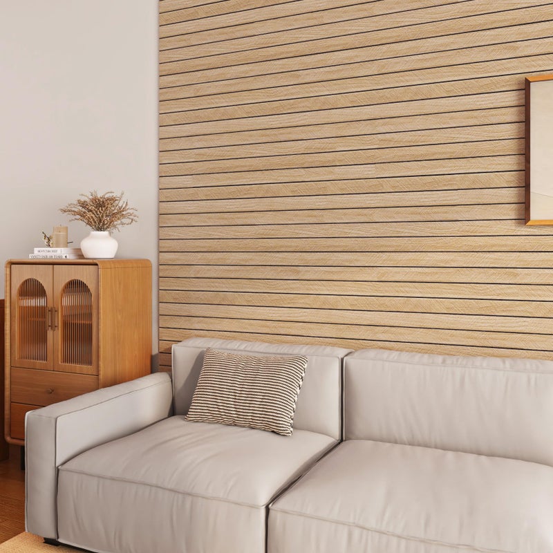 ReWallpaper Self Adhesive Wood Panels for Wall Peel and Stick Light Oak Faux Wood Slat Wall Panel Waterproof Sound Proof Foam Panels for Bedroom Bathroom Living Room Door DIY Home Decor 12in x 10ft - Image 4