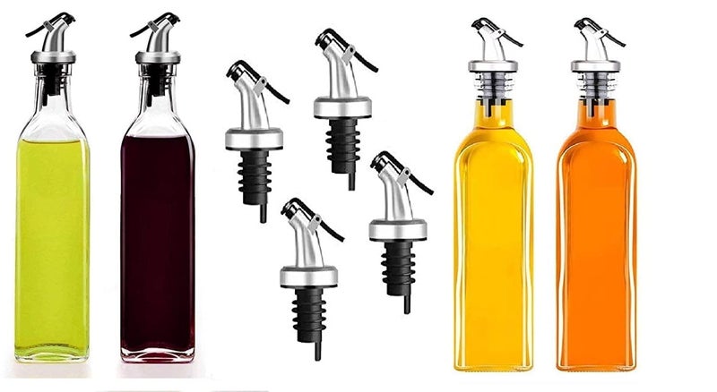 KIDINGTON 4 Pcs Glass Oil Dispenser Bottle for Kitchen with 4 Extra Lid Vinegar Dispenser BPA Free Salad Dressing Cruet Glass Bottle Olive Oil Vinegar Bottles Dispenser 500mlPack of 4