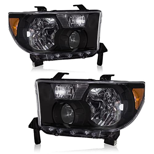 ADCARLIGHTS for 2005 2006 Toyota Tundra Headlight Assembly Black Housing fit 05 06 Toyota Tundra Double Cab 2005 2006 2007 Sequoia Clear Lens Amber Reflector Headlamp Replacement Left Right Pair - Image 1