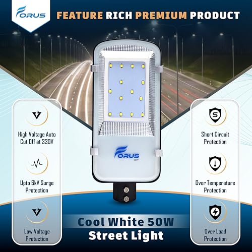Forus LED Street Light 50W Waterproof IP66, 5 Years Warranty, Cool White 50 Watt LED Street Light Outdoor, High Power Street Lights for Road, Garden, Parking & Security Use - 1 Pc - Image 2