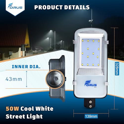 Forus LED Street Light 50W Waterproof IP66, 5 Years Warranty, Cool White 50 Watt LED Street Light Outdoor, High Power Street Lights for Road, Garden, Parking & Security Use - 1 Pc - Image 5