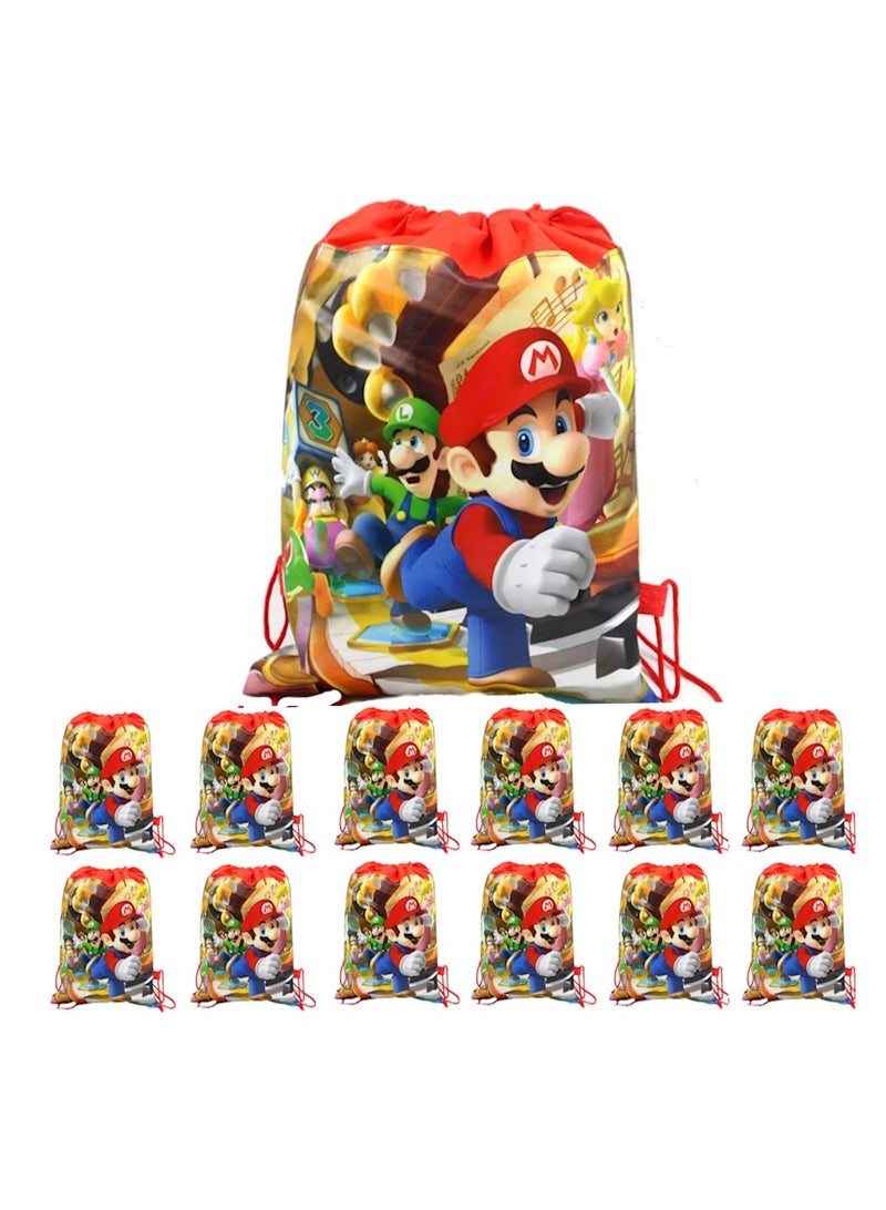 JOLLITY LLC حقيبة برباط للأولاد/البنات، حقيبة تخزين للسفر، حقيبة ظهر مدرسية كرتونية، حقائب هدايا أعياد الميلاد للأطفال، 12 قطعة (ماريو) - Image 1