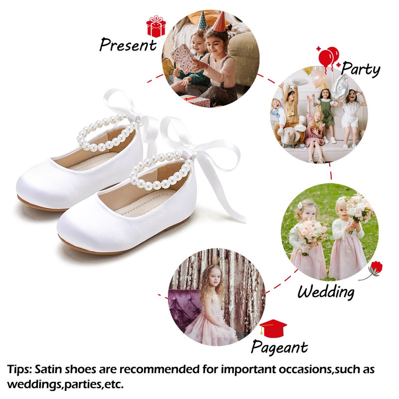 PHIRAMIN Toddler Flower Girl Satin White Dress Shoes - Little Girl Ballet Flats Size 5 Pearl Wedding Party - Image 4