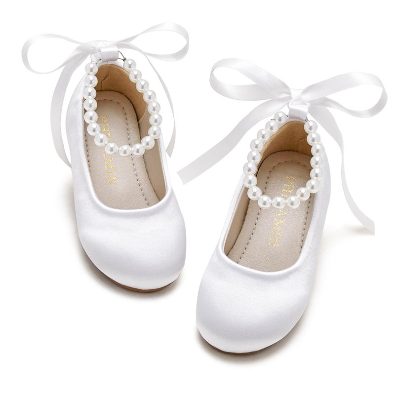 PHIRAMIN Toddler Flower Girl Satin White Dress Shoes - Little Girl Ballet Flats Size 5 Pearl Wedding Party - Image 1