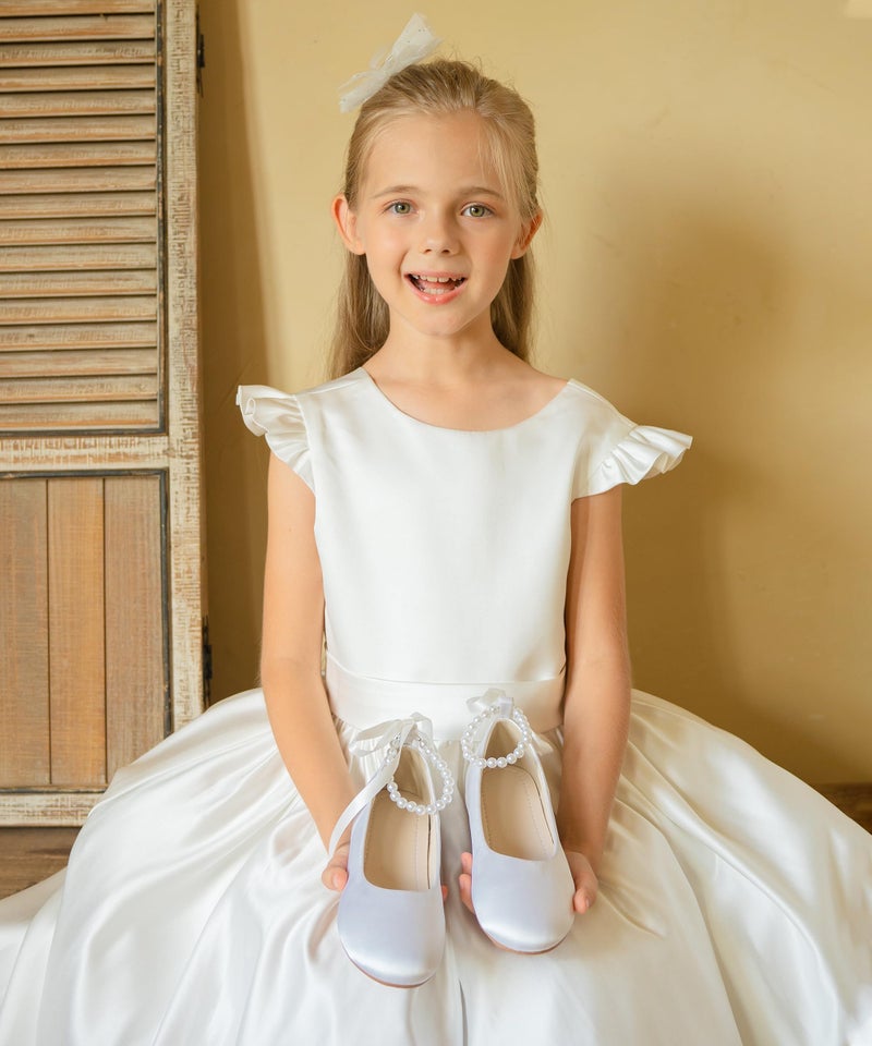 PHIRAMIN Toddler Flower Girl Satin White Dress Shoes - Little Girl Ballet Flats Size 5 Pearl Wedding Party - Image 2