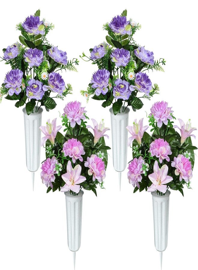 XONOR Artificial Cemetery Flowers, Artificial Grave Memorial Flowers with Vase for Cemetery Graveyard Decoration (Purple Flowers Bouquets, Set of 4) - Image 1