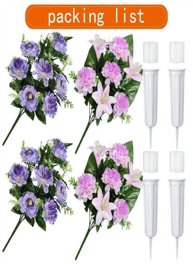 XONOR Artificial Cemetery Flowers, Artificial Grave Memorial Flowers with Vase for Cemetery Graveyard Decoration (Purple Flowers Bouquets, Set of 4) - Image 3